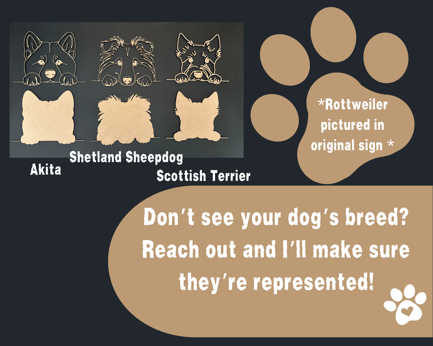 Illustrations of dog breeds with paw prints and text on a dark background
