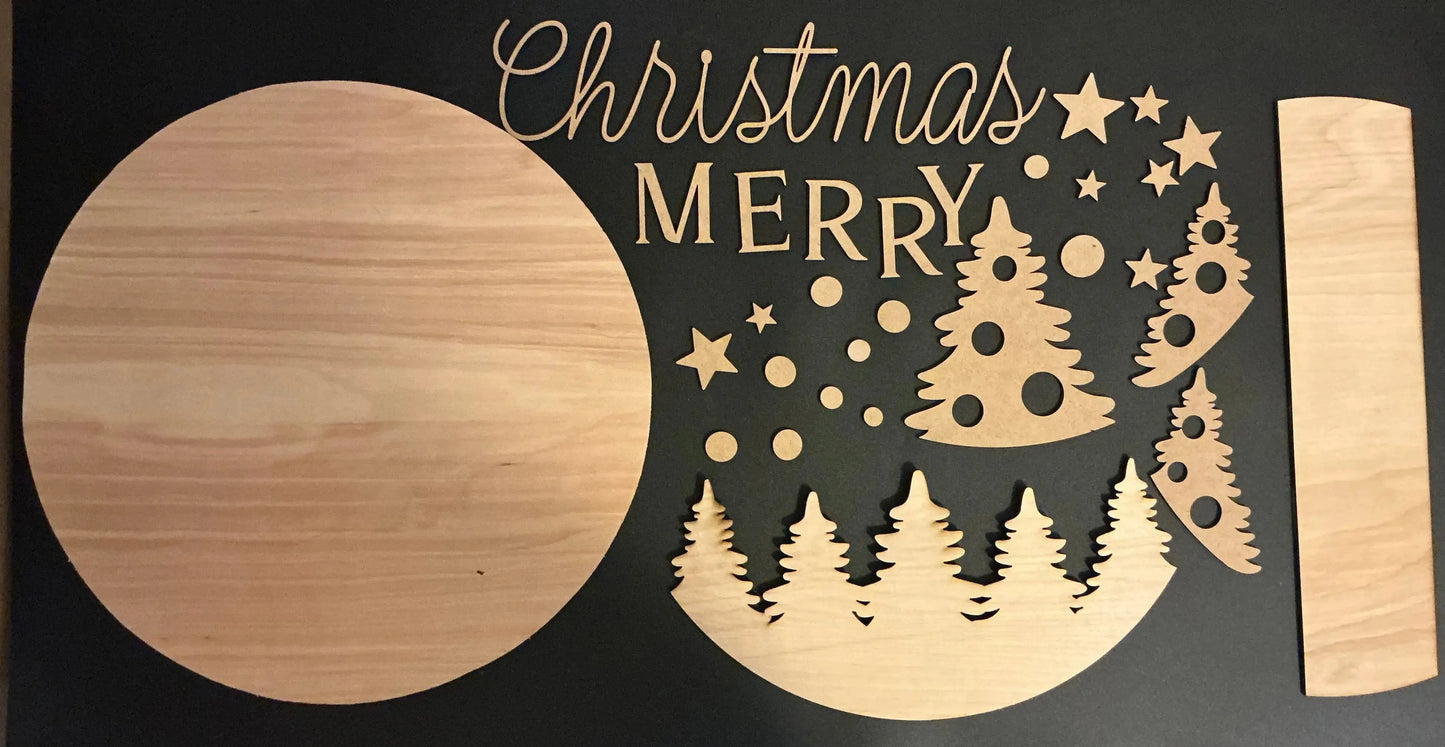 Wooden Christmas decorations with 'Merry Christmas' text on a black background