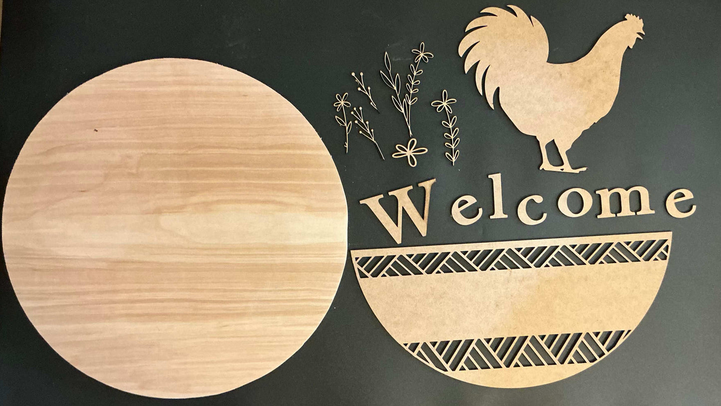 Wooden decorative sign with rooster silhouette and 'Welcome' text on a black background