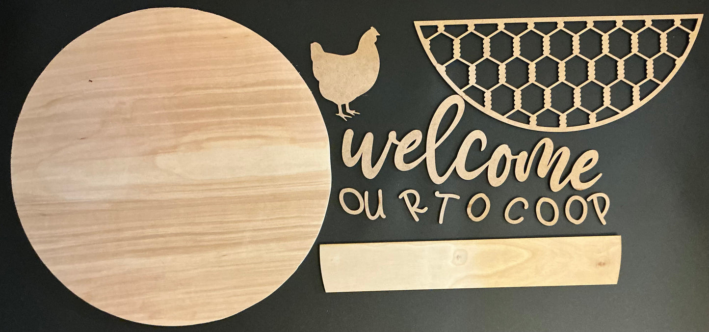 Wooden sign with 'Welcome to Our Coop' text and chicken illustration on a black background