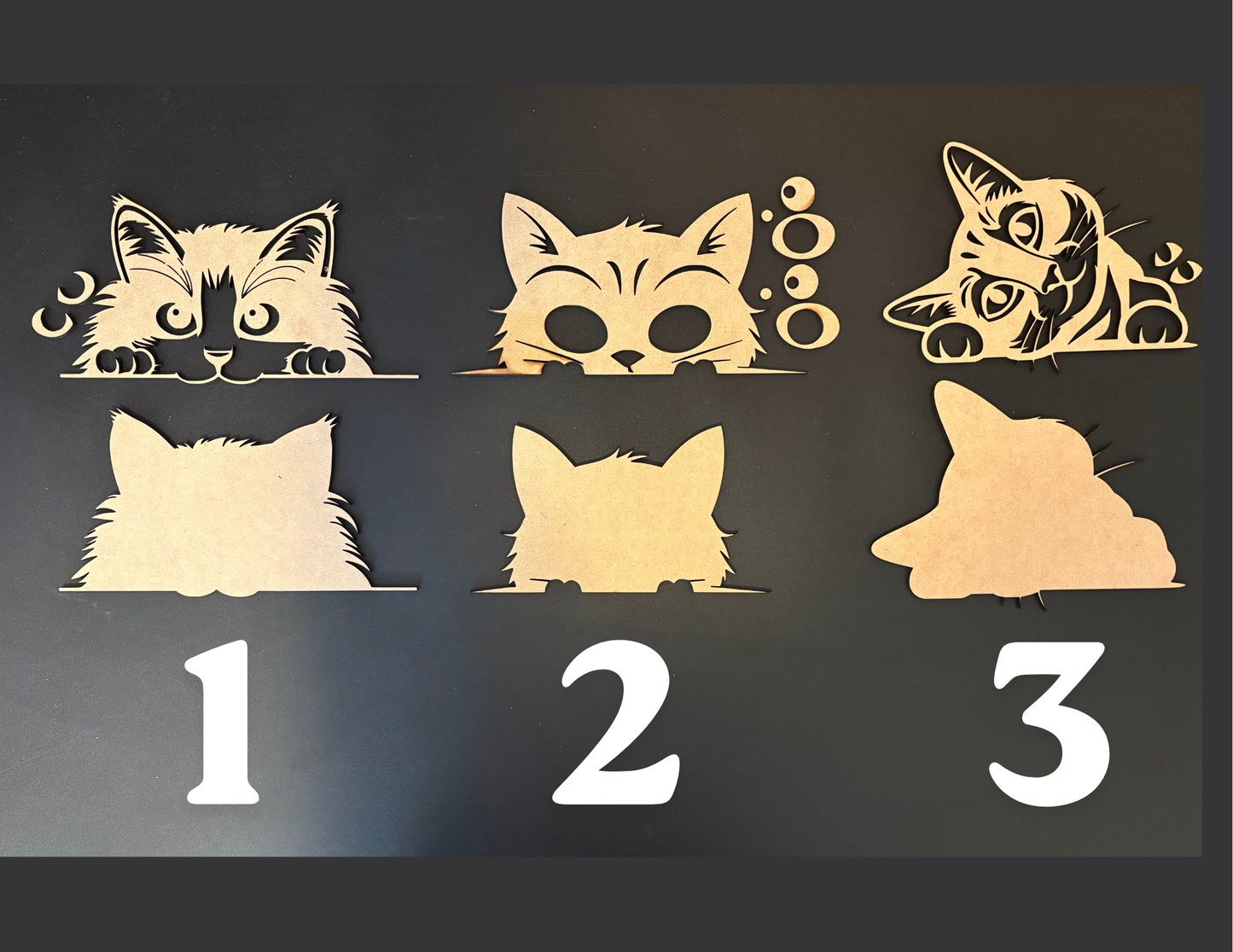 Set of six cat-shaped cutouts with numbers on a dark background