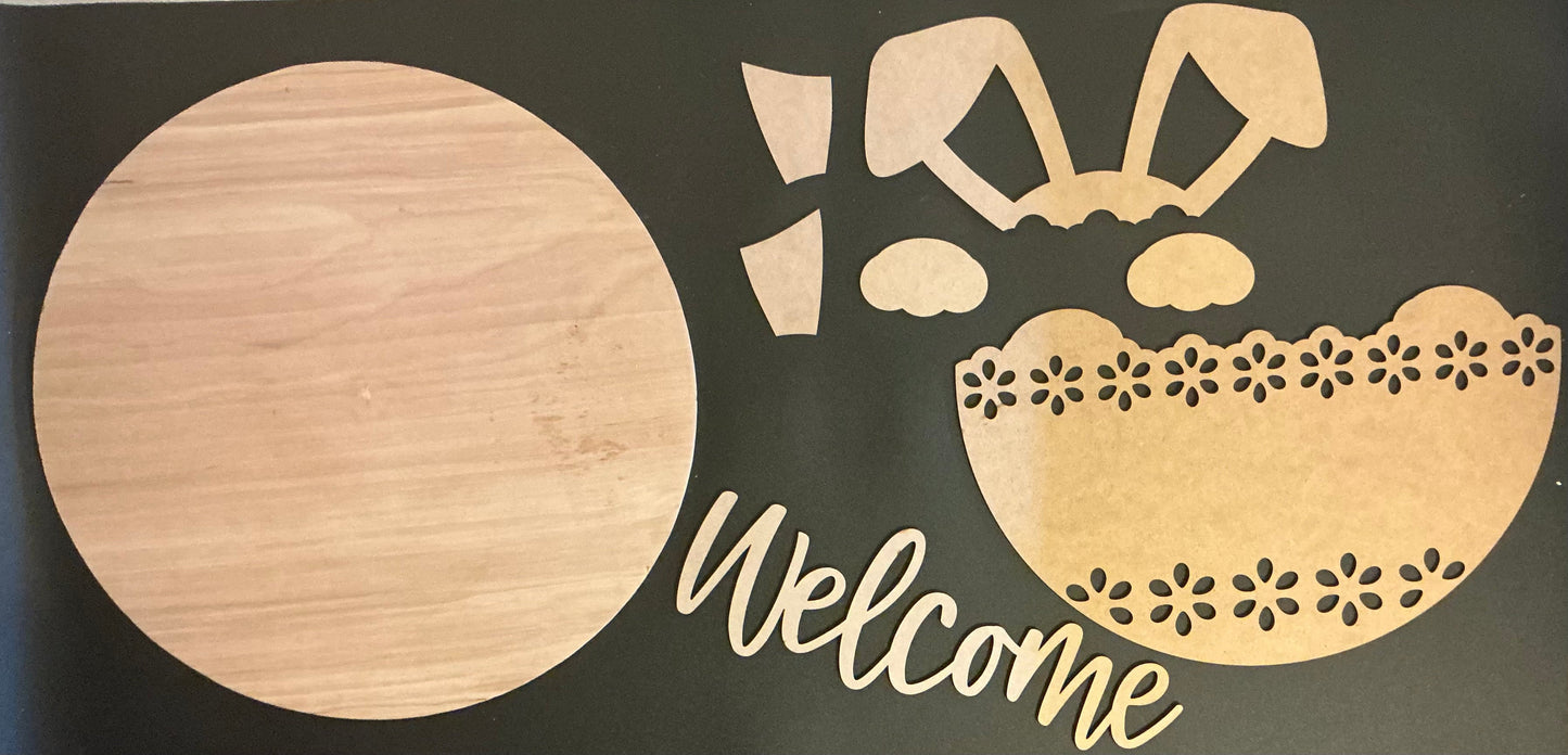 Wooden bunny ears and welcome sign design, perfect for Easter decorations and festive home decor.