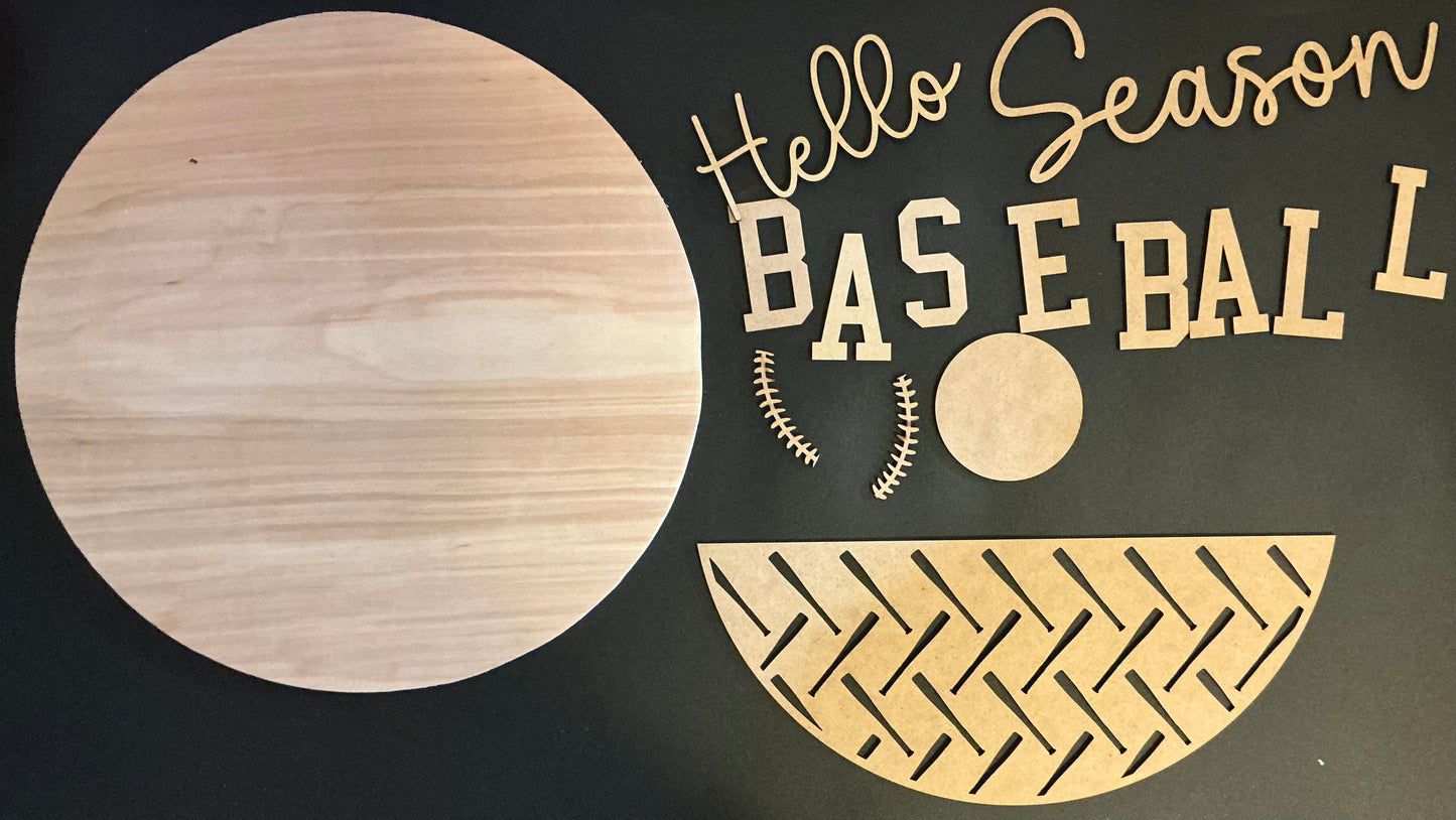 Wooden cutouts of a baseball and bat with 'Hello Season Baseball' text on a dark background