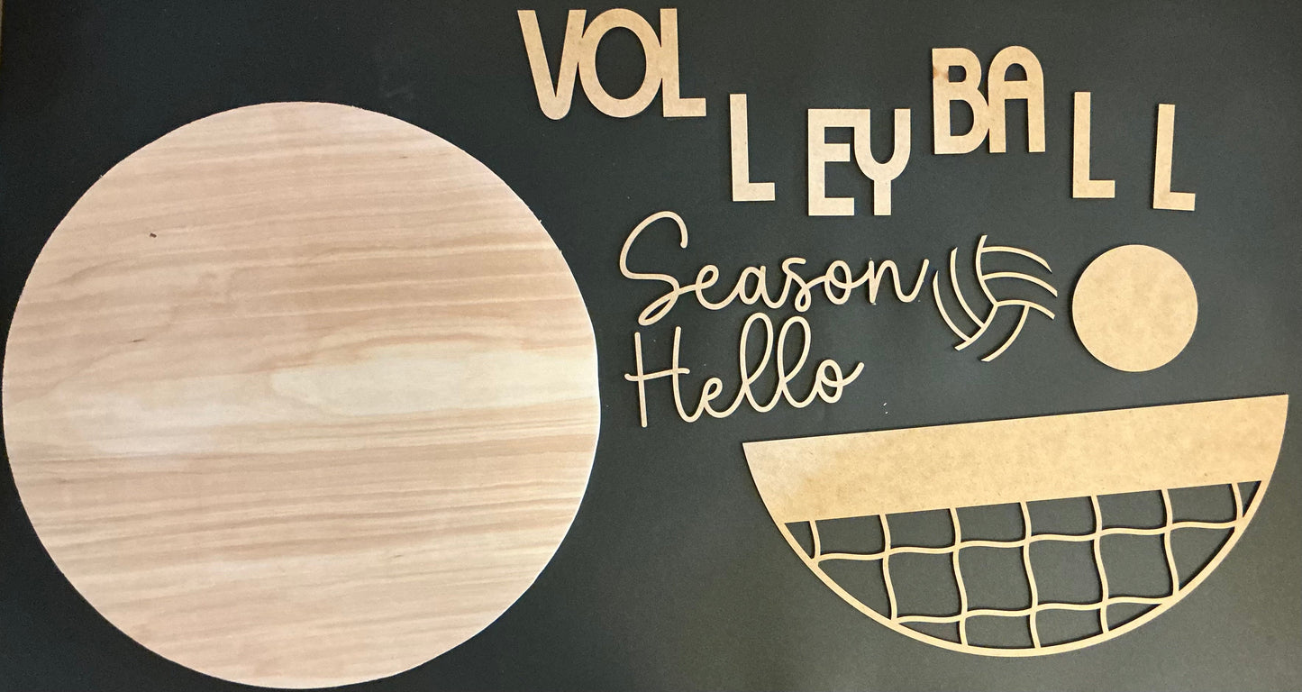 Decorative sign with wooden volleyball elements and text on a dark background