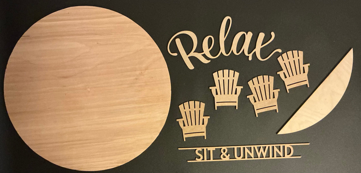 Wooden cutouts of chairs and text 'Relax Sit & Unwind' on a dark background