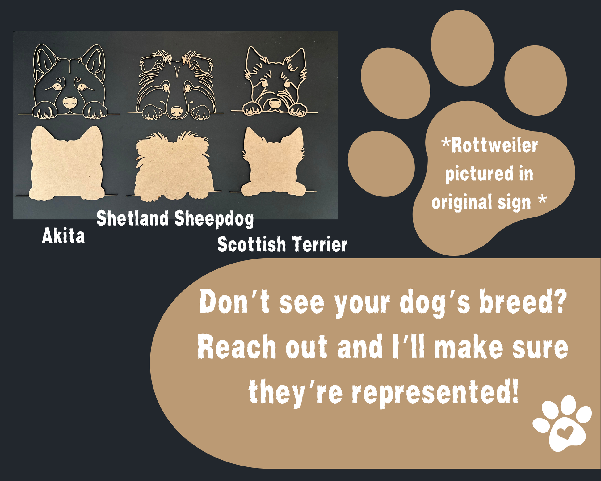 Illustrations of dog breeds with paw prints and text on a dark background