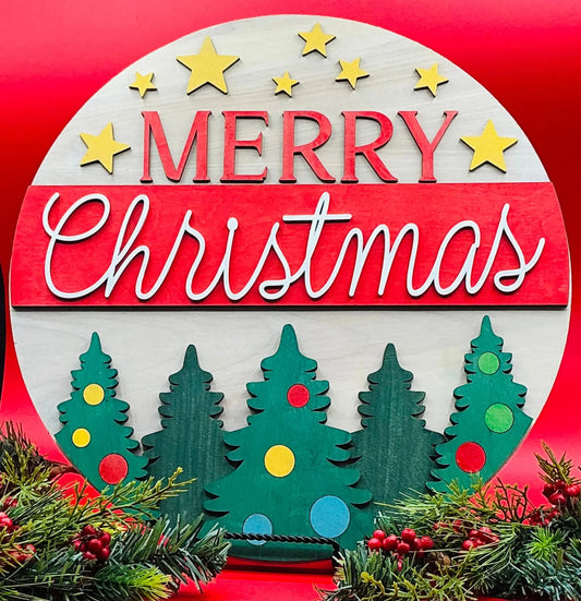 Decorative Christmas sign with 'Merry Christmas' text and trees on a red background