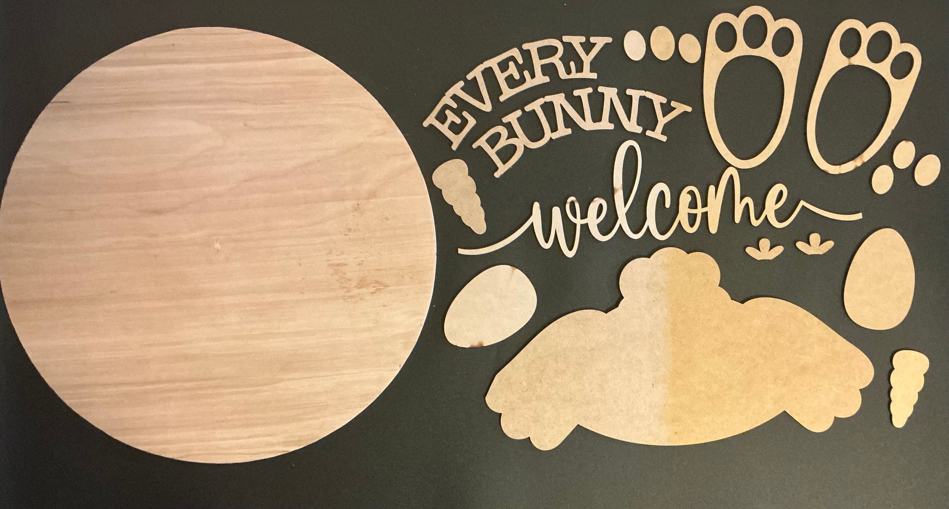 Wooden cutout with 'Every Bunny Welcome' text and bunny footprints on a dark background