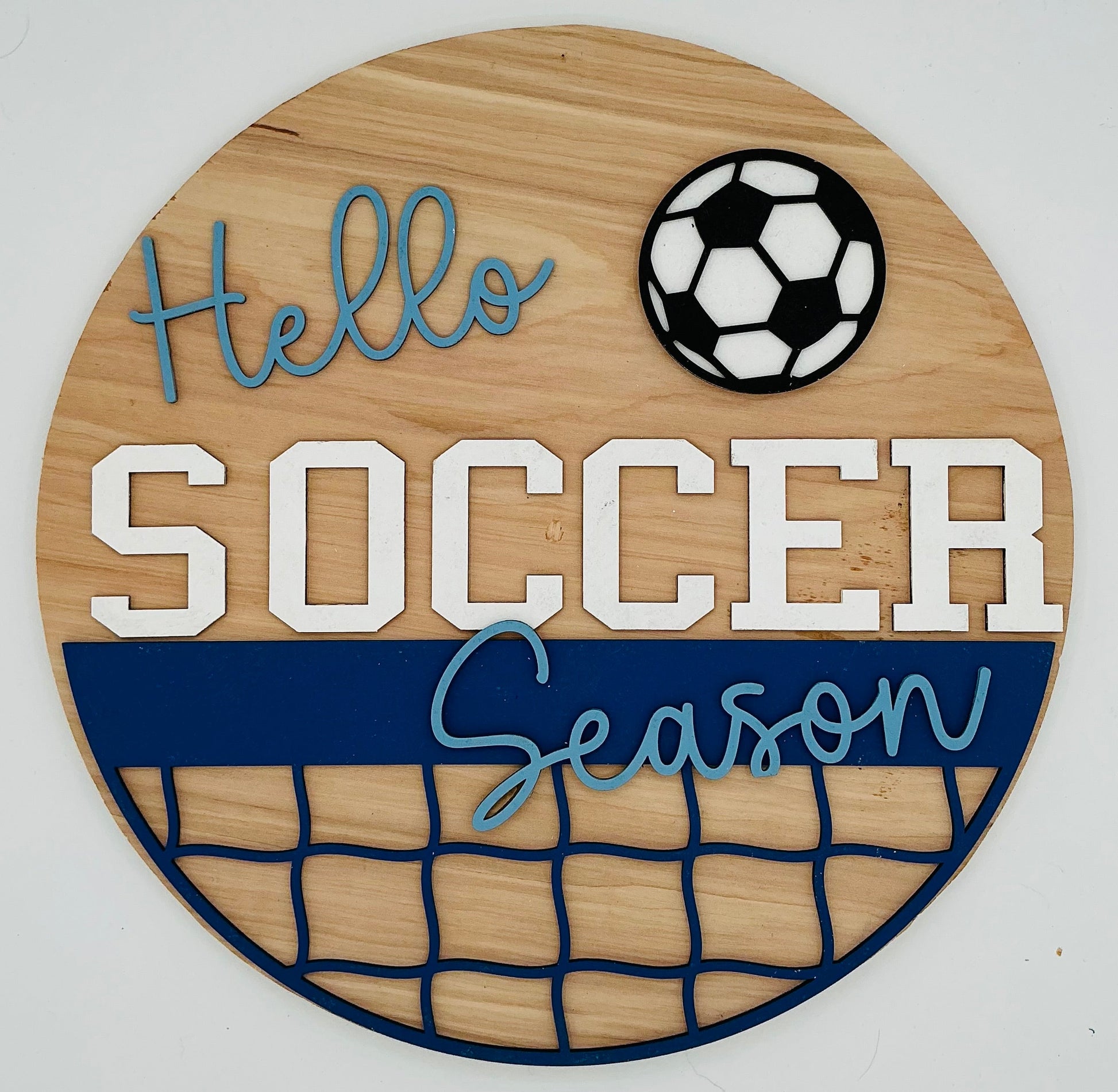 Wooden sign with 'Hello Soccer Season' text and a soccer ball graphic on a white background