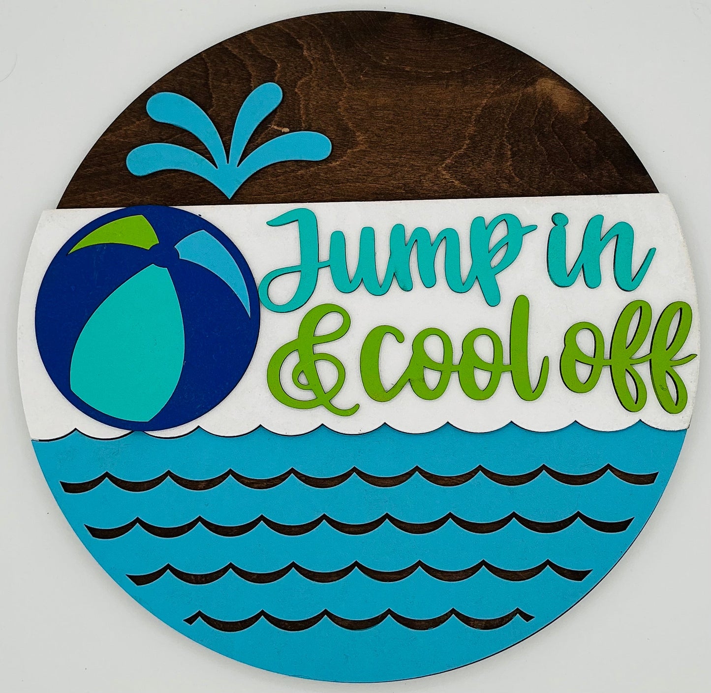 Circular sign with beach ball and text 'Jump in & cool off' on a white background