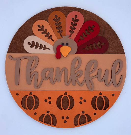 Decorative sign with a turkey design and 'Thankful' text on a light blue background