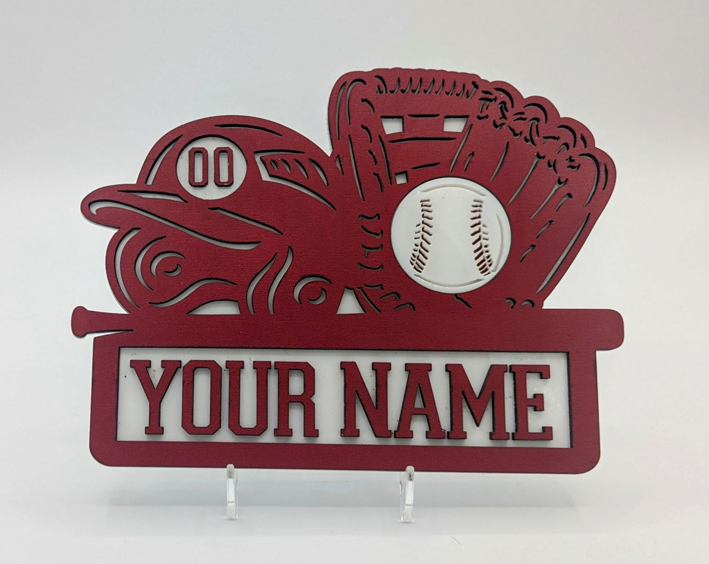 Red metal decorative sign with a baseball glove, ball, and customizable name on a white background