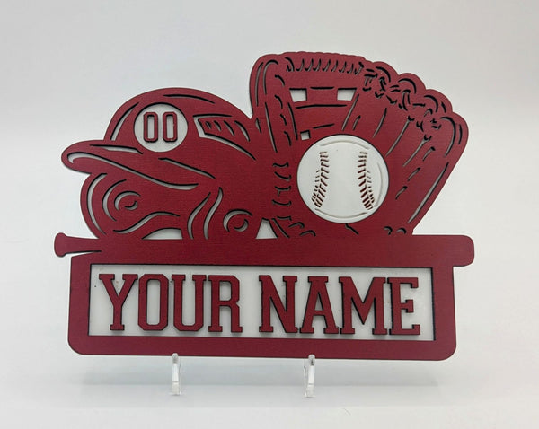 Red metal decorative sign with a baseball glove, ball, and customizable name on a white background